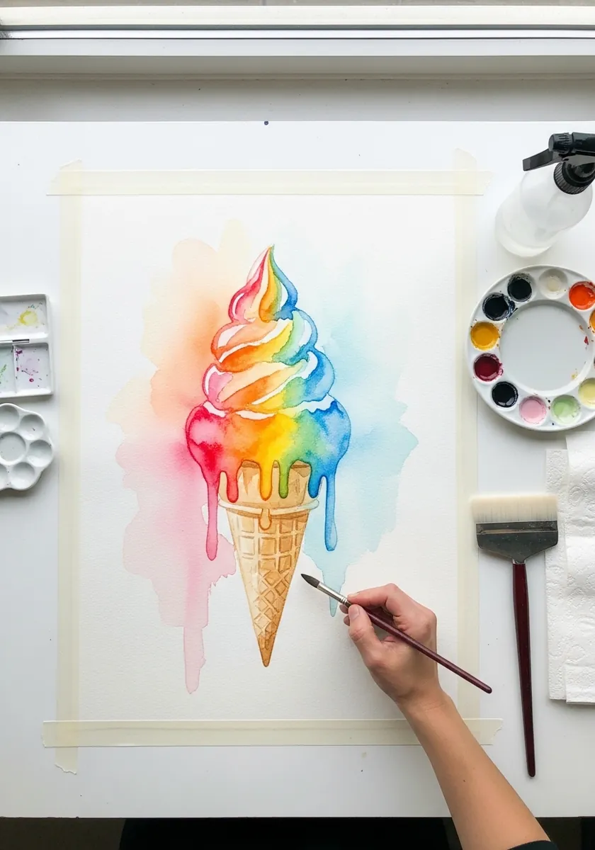 Loose rainbow watercolor soft serve with colors blending into each other
