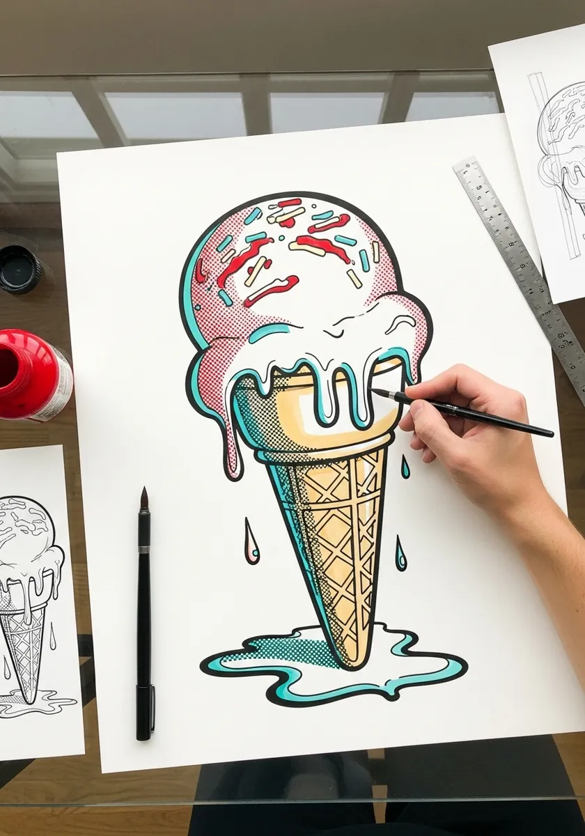 Bold cartoon ice cream cone with heavy blue outline and a drip puddle