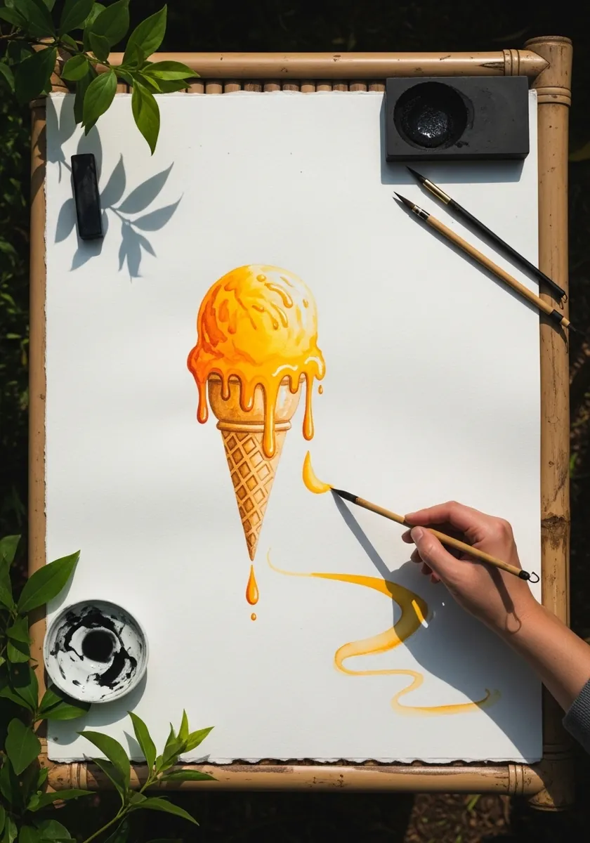 Golden orange ink ice cream with liquid running down into a spreading puddle