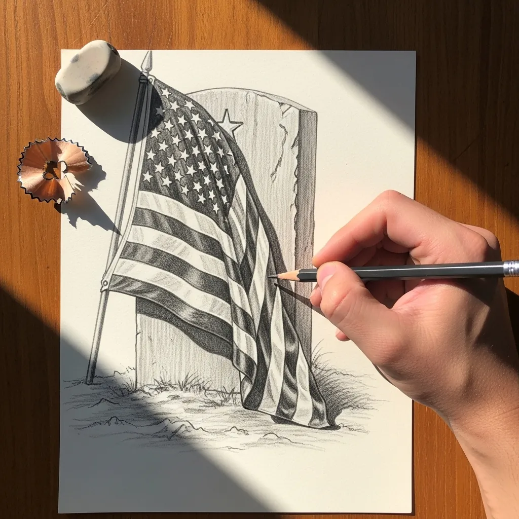 Graphite drawing of an American flag standing beside a simple military headstone
