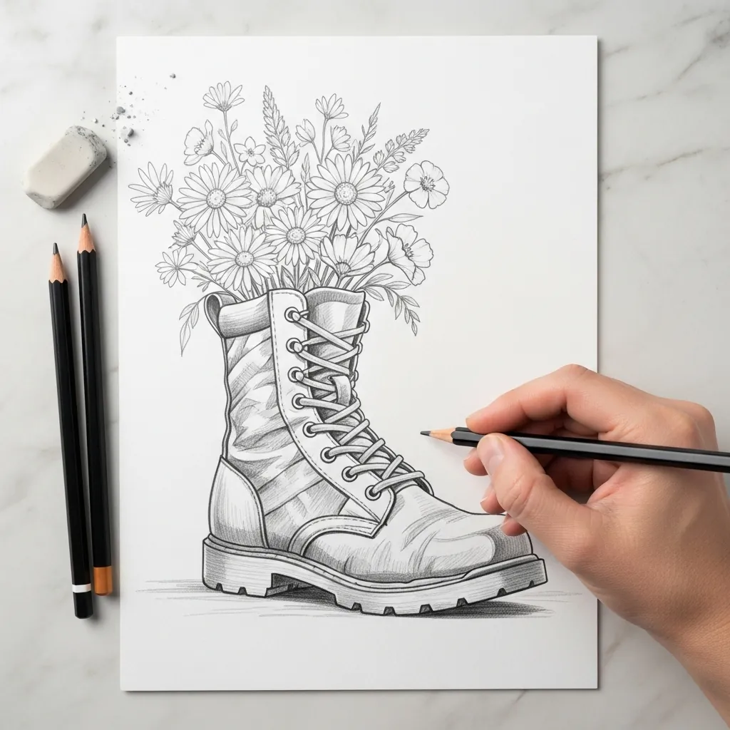 Graphite drawing of a military boot with wildflowers growing out of the top