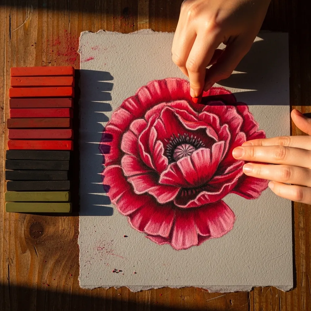 Large red oil pastel poppy with a dark center drawn on gray toned paper