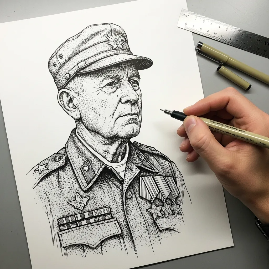 Detailed stippled ink portrait of an older veteran in uniform and cap