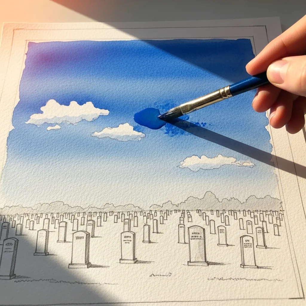 Watercolor blue sky with clouds above a faint pencil drawn military cemetery