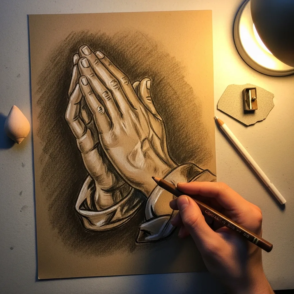Warm sepia drawing of praying hands over folded fabric on toned paper