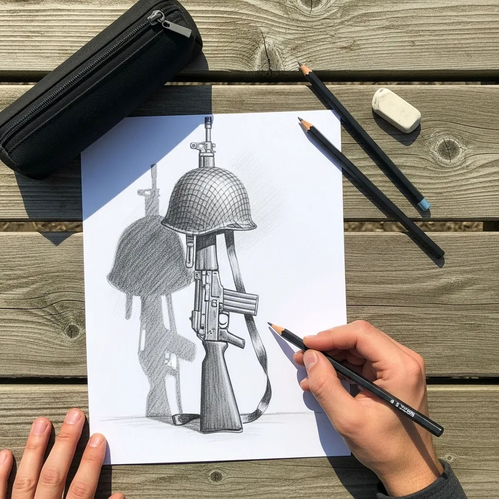 Graphite drawing of a helmet resting on an upright rifle with dog tags hanging