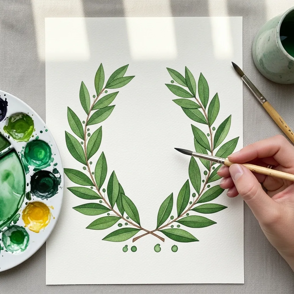 Simple watercolor laurel wreath of green leaves painted on white paper