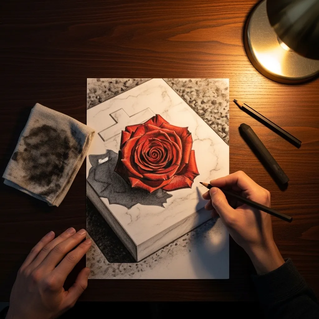 Detailed drawing of a single red rose lying on a pale stone memorial ledge