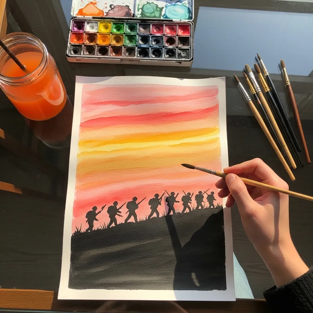 Watercolor sunset with dark silhouetted soldiers marching along the horizon
