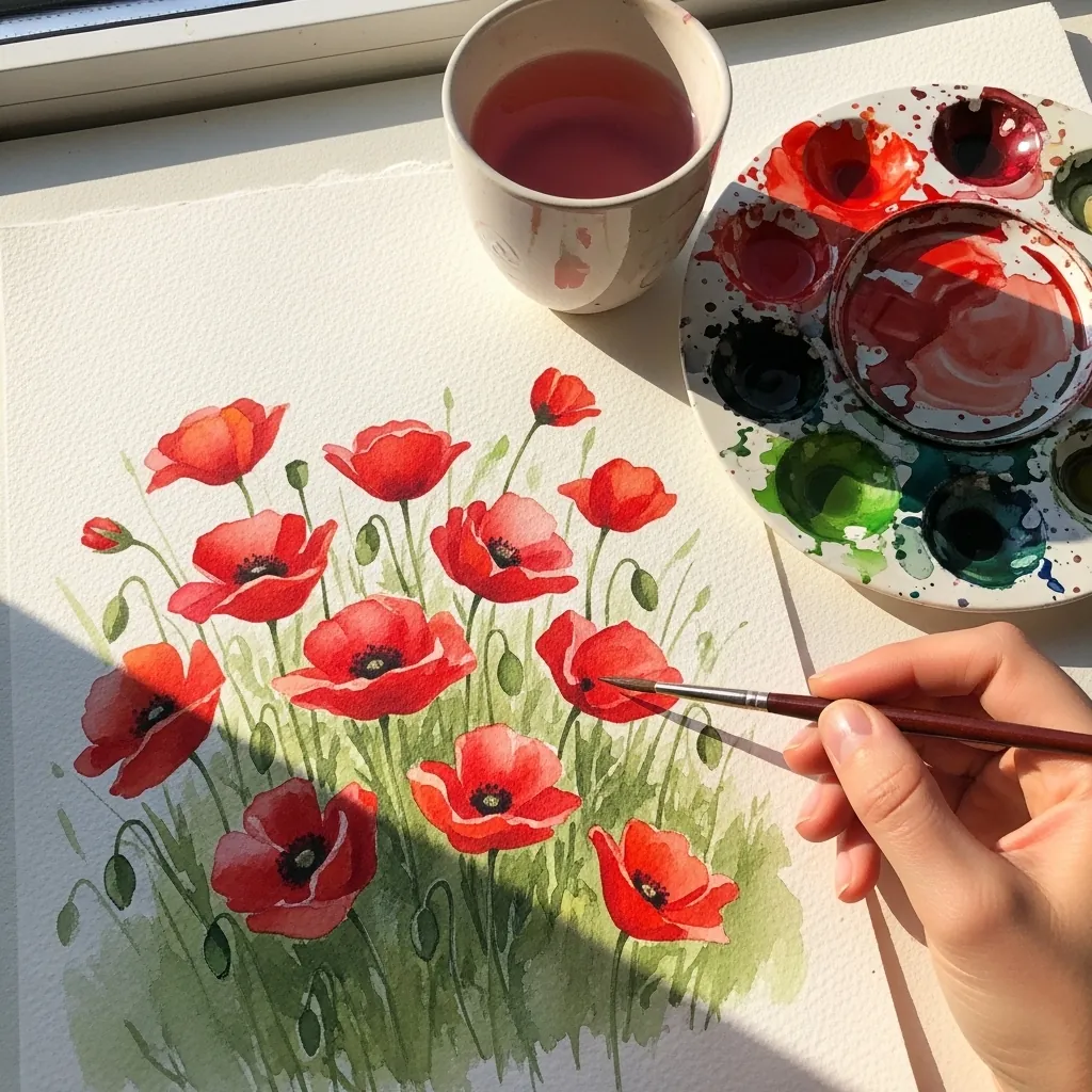 Loose watercolor painting of red poppies growing among green stems and grass