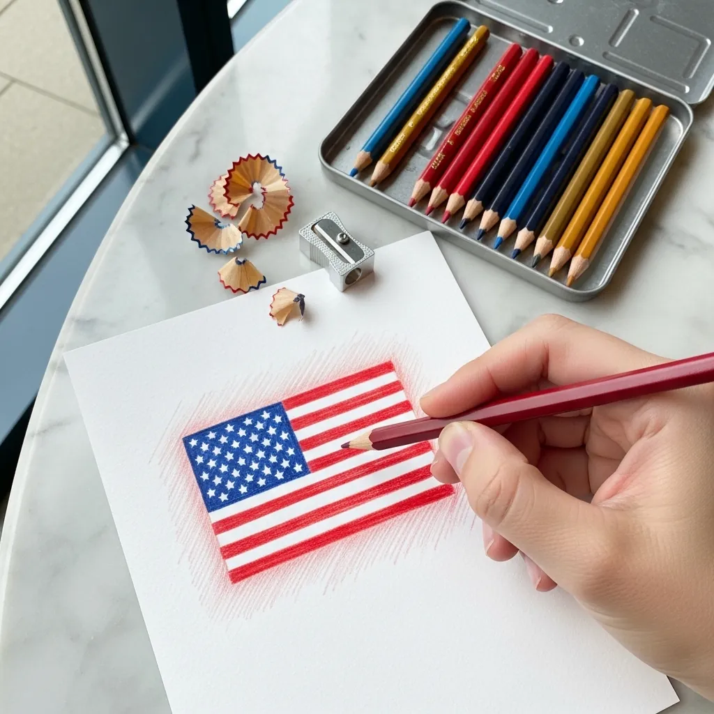 Small carefully drawn American flag in colored pencil on white paper