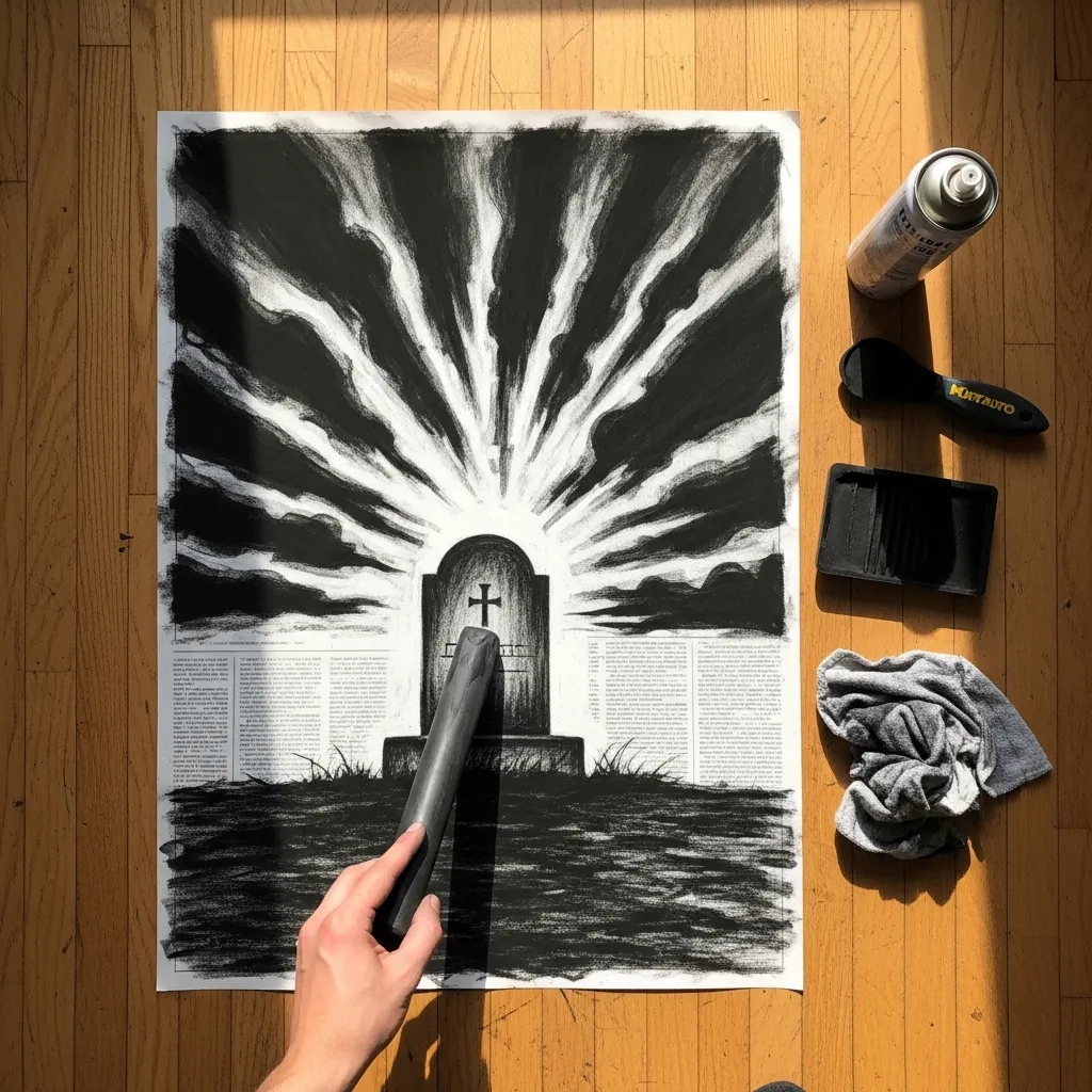 Dramatic charcoal headstone with light rays radiating outward behind it