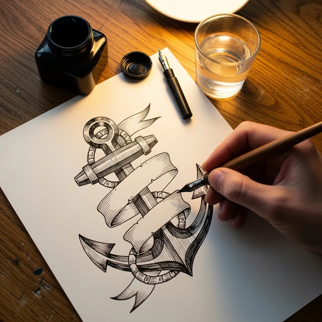 Fine ink drawing of a naval anchor wrapped with a flowing ribbon banner