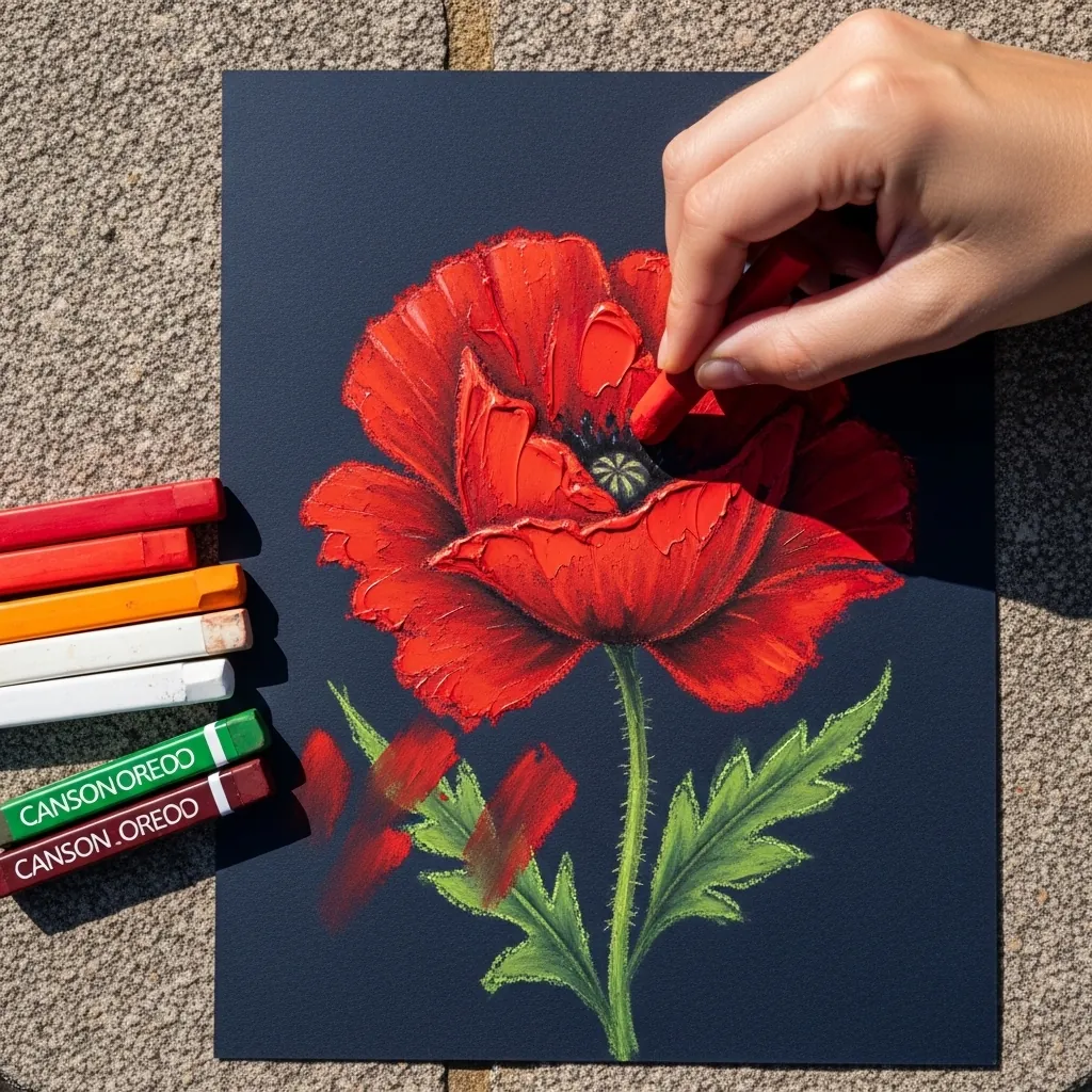 Bright red pastel poppy with green leaves drawn on dark navy blue paper