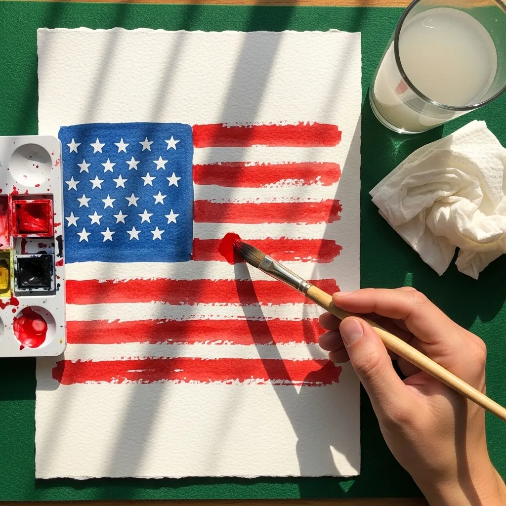 Watercolor American flag painted with loose visible brushstrokes on rough paper