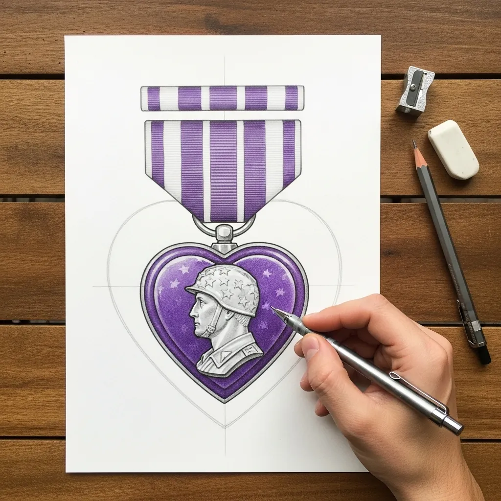 Detailed drawing of a Purple Heart medal with its striped ribbon above it