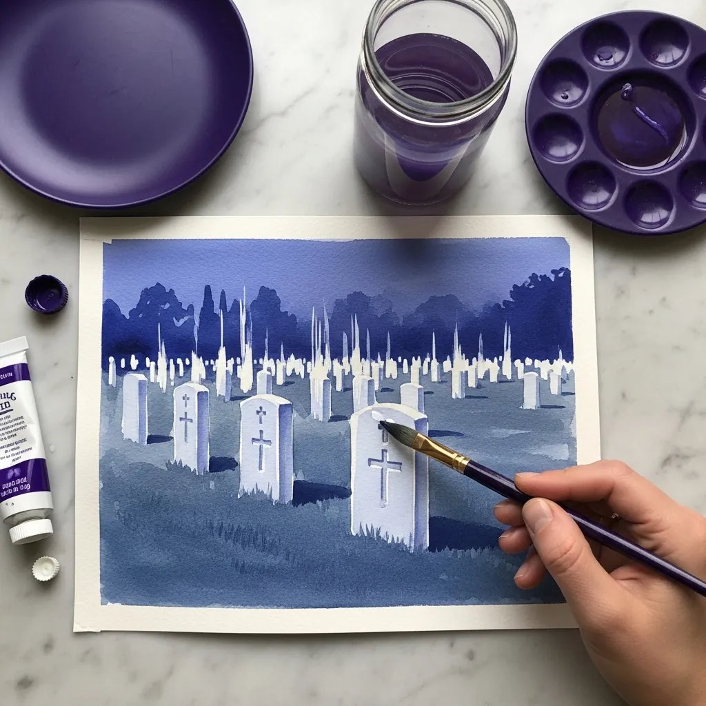 Cemetery of white headstones painted entirely in shades of blue and violet