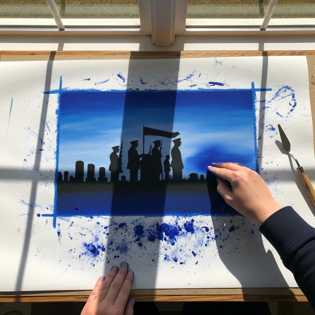 Deep blue cyanotype style painting of soldiers silhouetted against a bright sky