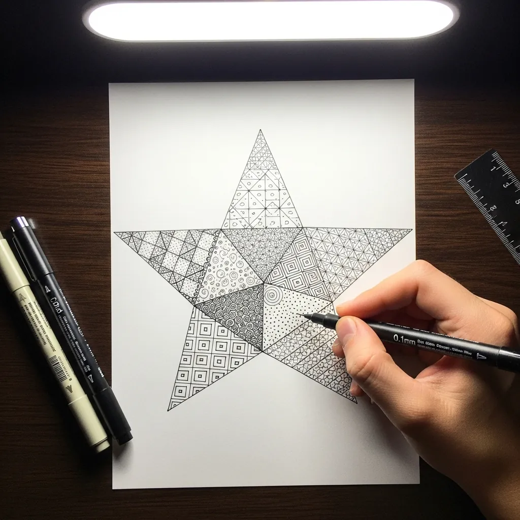 Five pointed star divided into sections each filled with a different fine line pattern