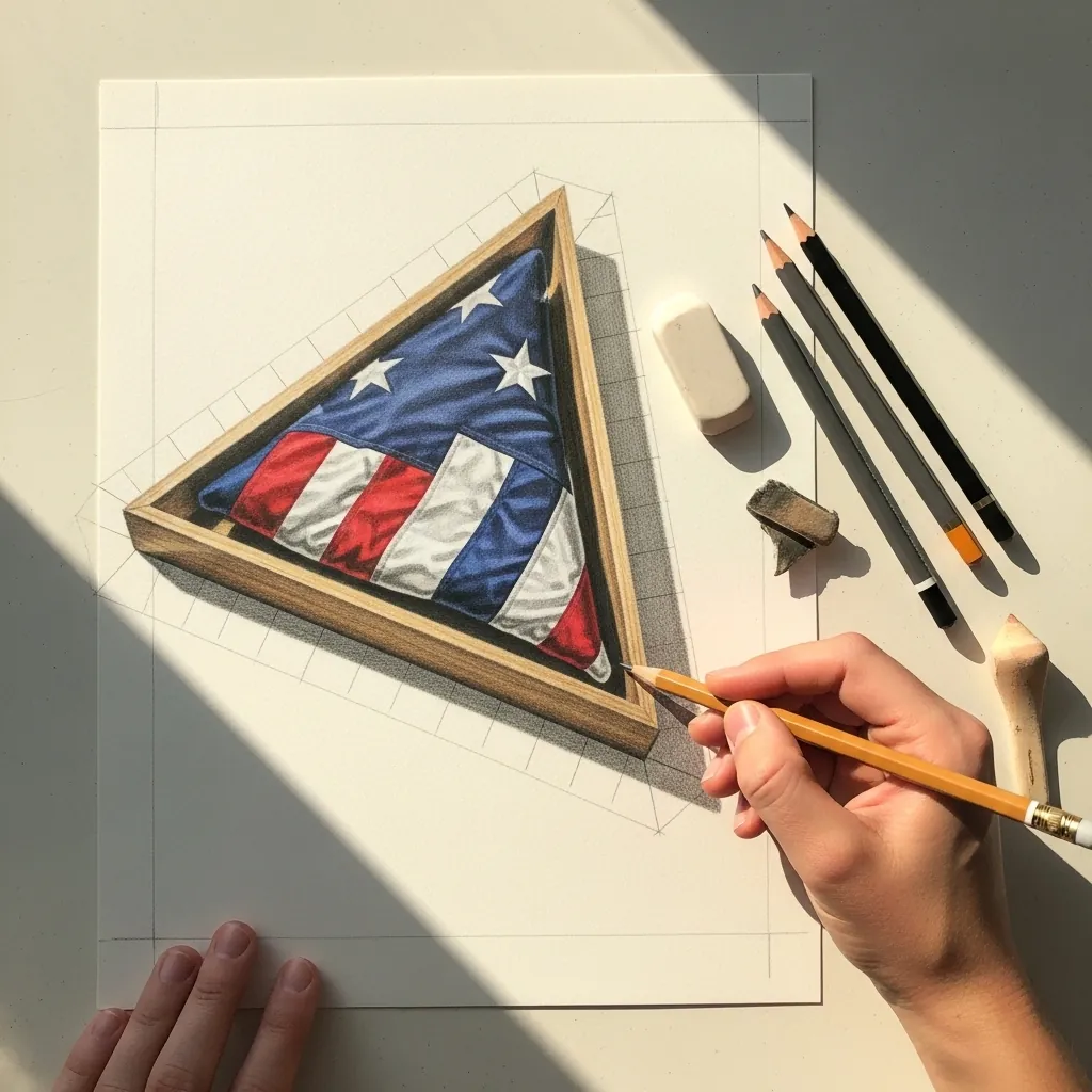 Drawing of a triangular wooden case holding a folded flag with stars showing