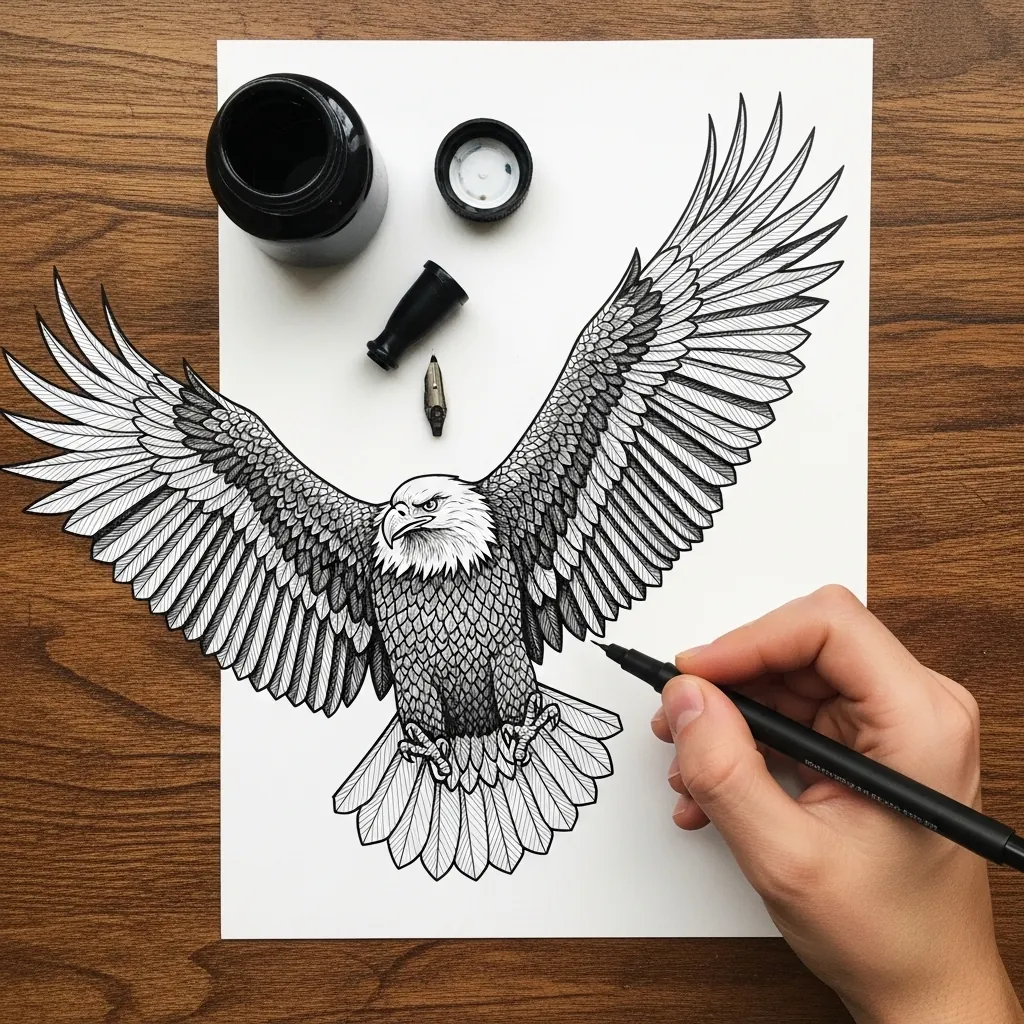 Detailed black ink eagle with fully spread wings drawn on white paper