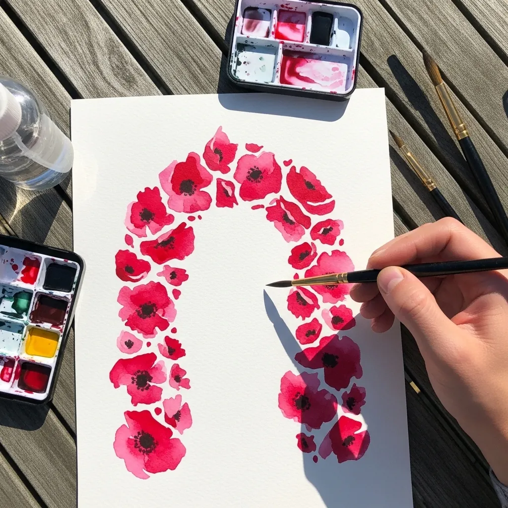 Arch of red watercolor poppies painted across the top of white paper