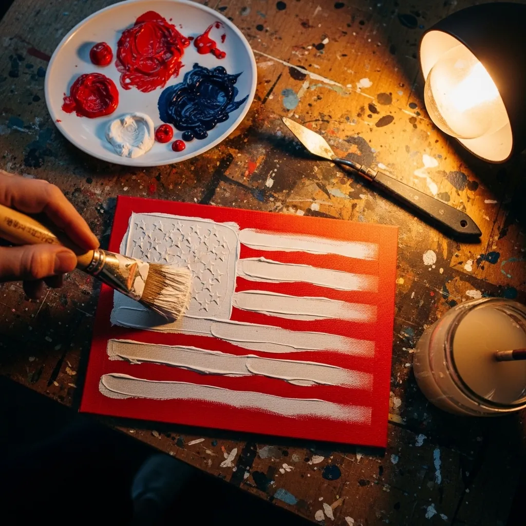 Thickly painted acrylic American flag with visible brush texture on red ground
