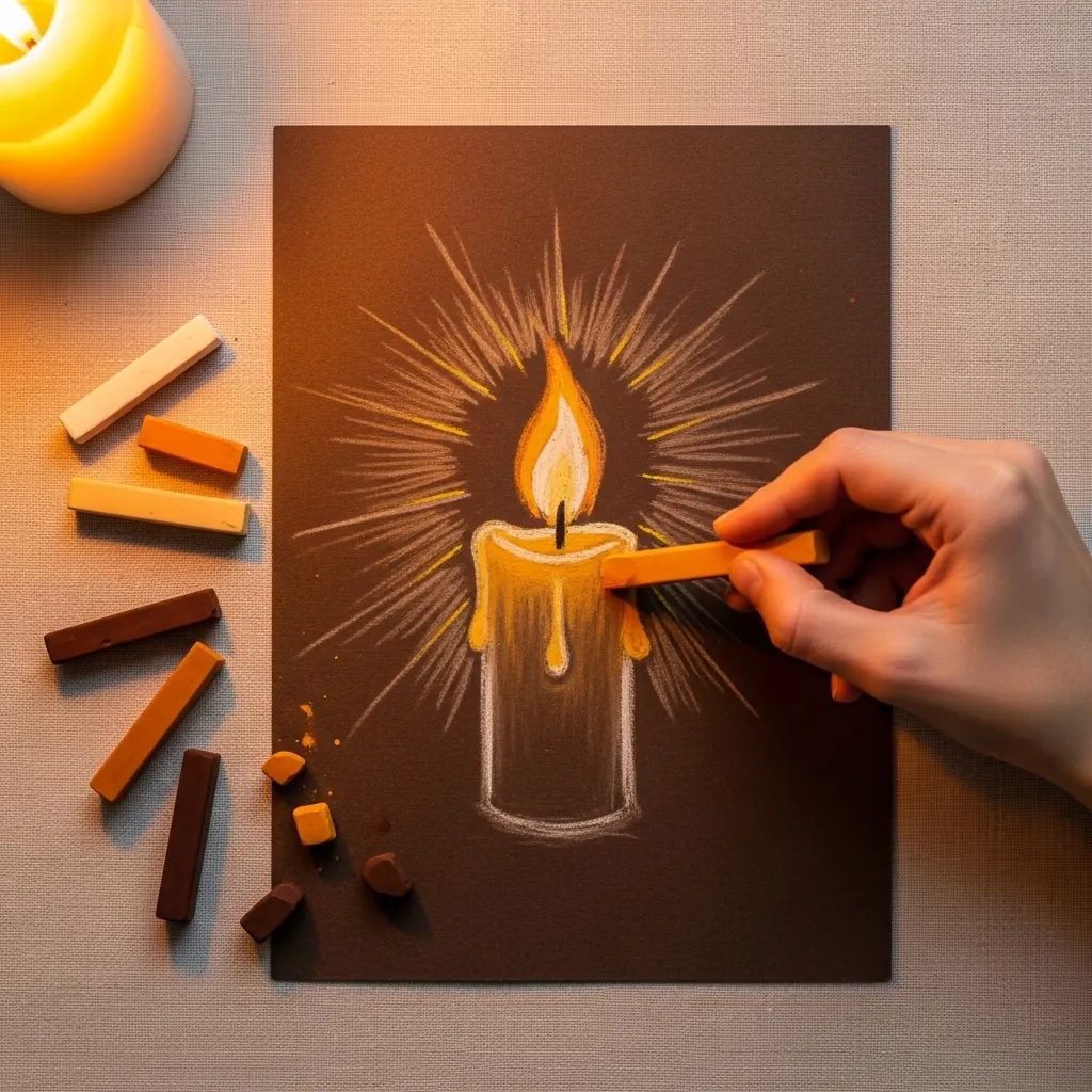 Soft pastel candle with a glowing flame and radiating light on brown paper