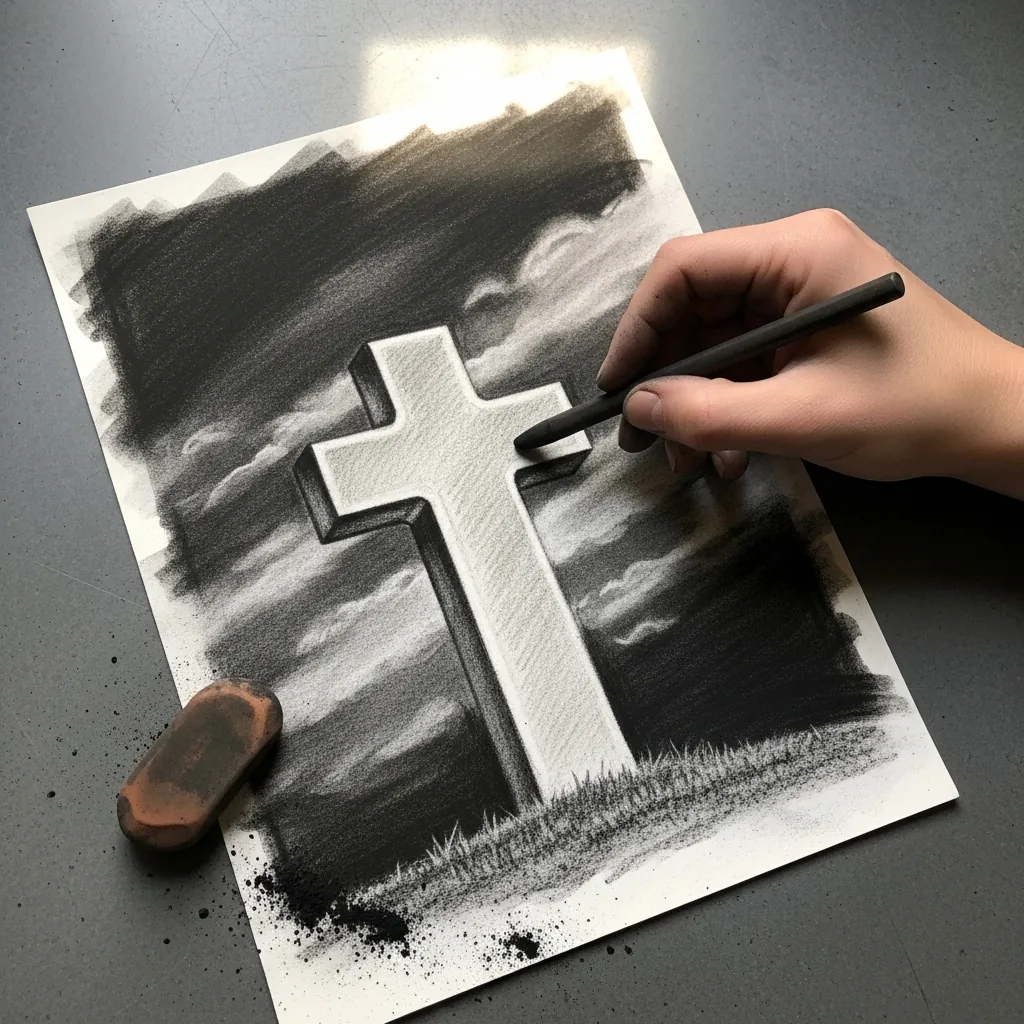 White cross grave marker drawn in charcoal beneath a heavy clouded sky