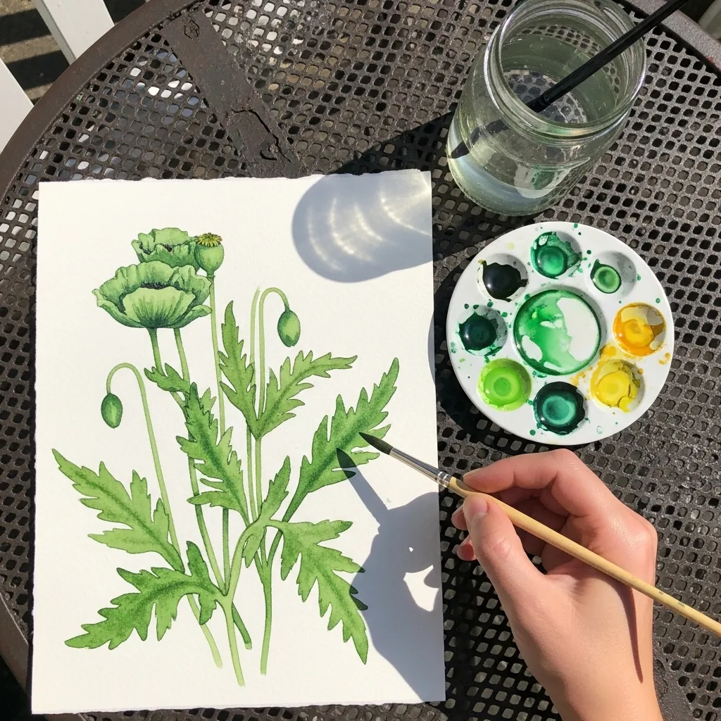 Watercolor botanical study of a poppy plant with buds and deeply lobed leaves