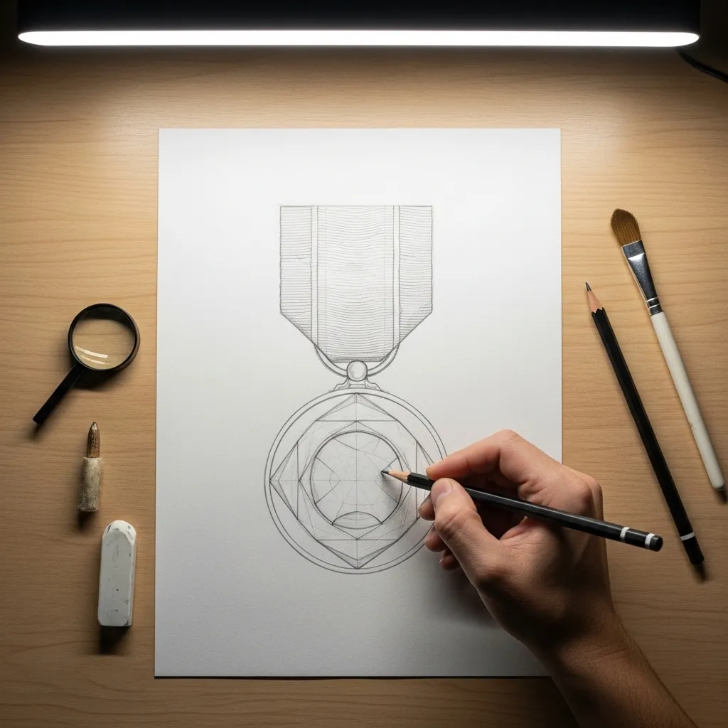 Light pencil construction sketch of a medal and ribbon with visible guidelines