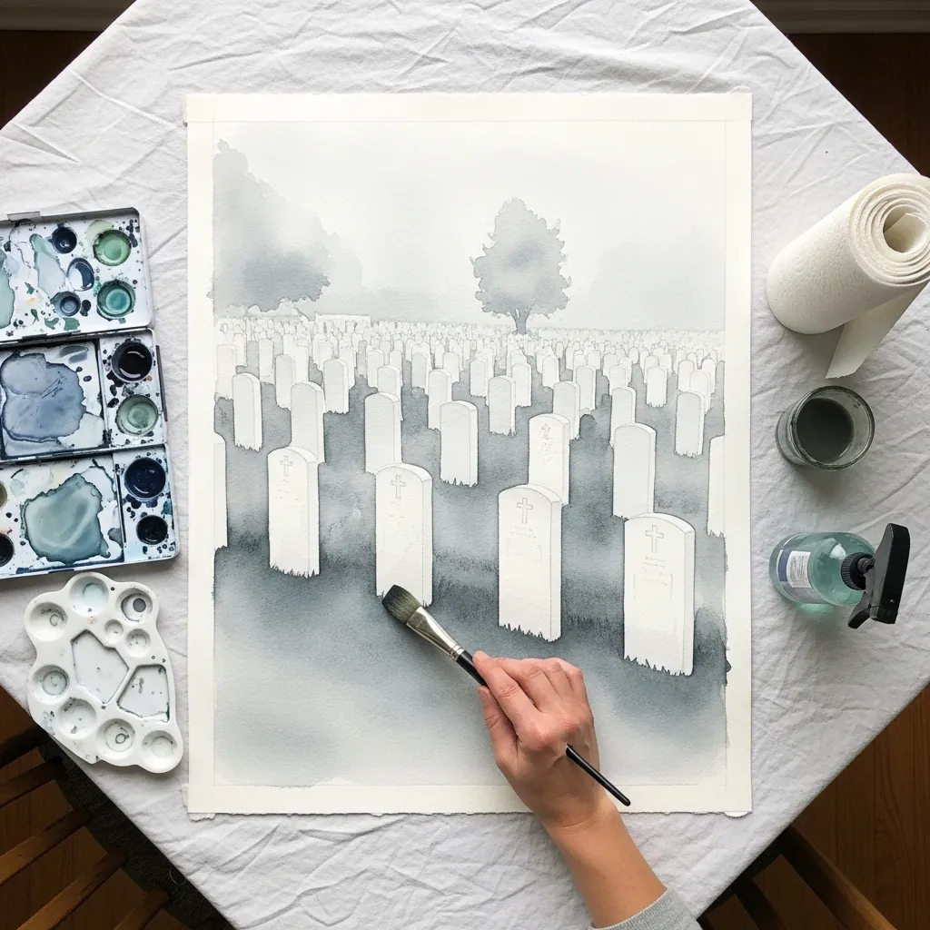 Pale gray watercolor cemetery of headstones fading into a misty background