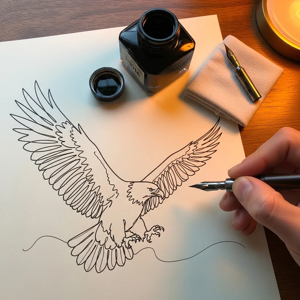 Eagle drawn as a single unbroken continuous ink line on white paper