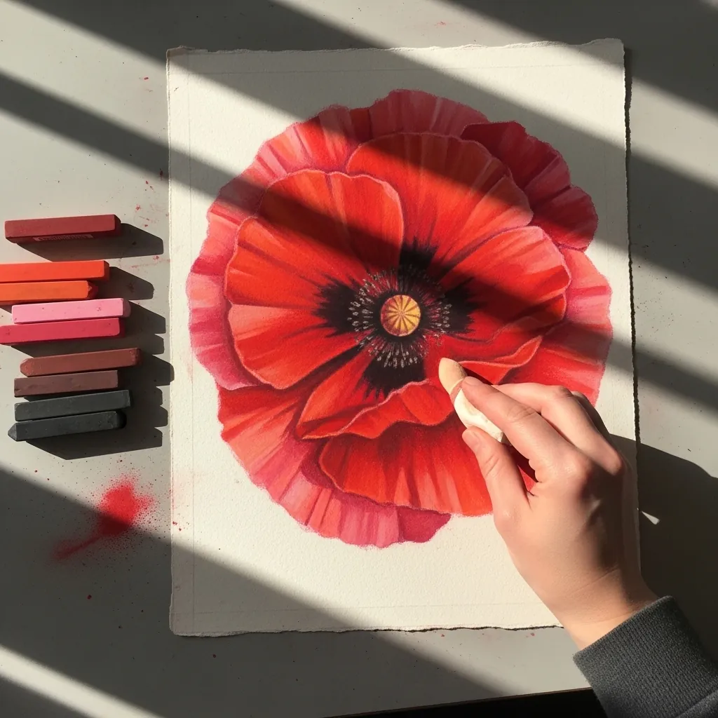 Large red soft pastel poppy filling the page with a dark seed head center