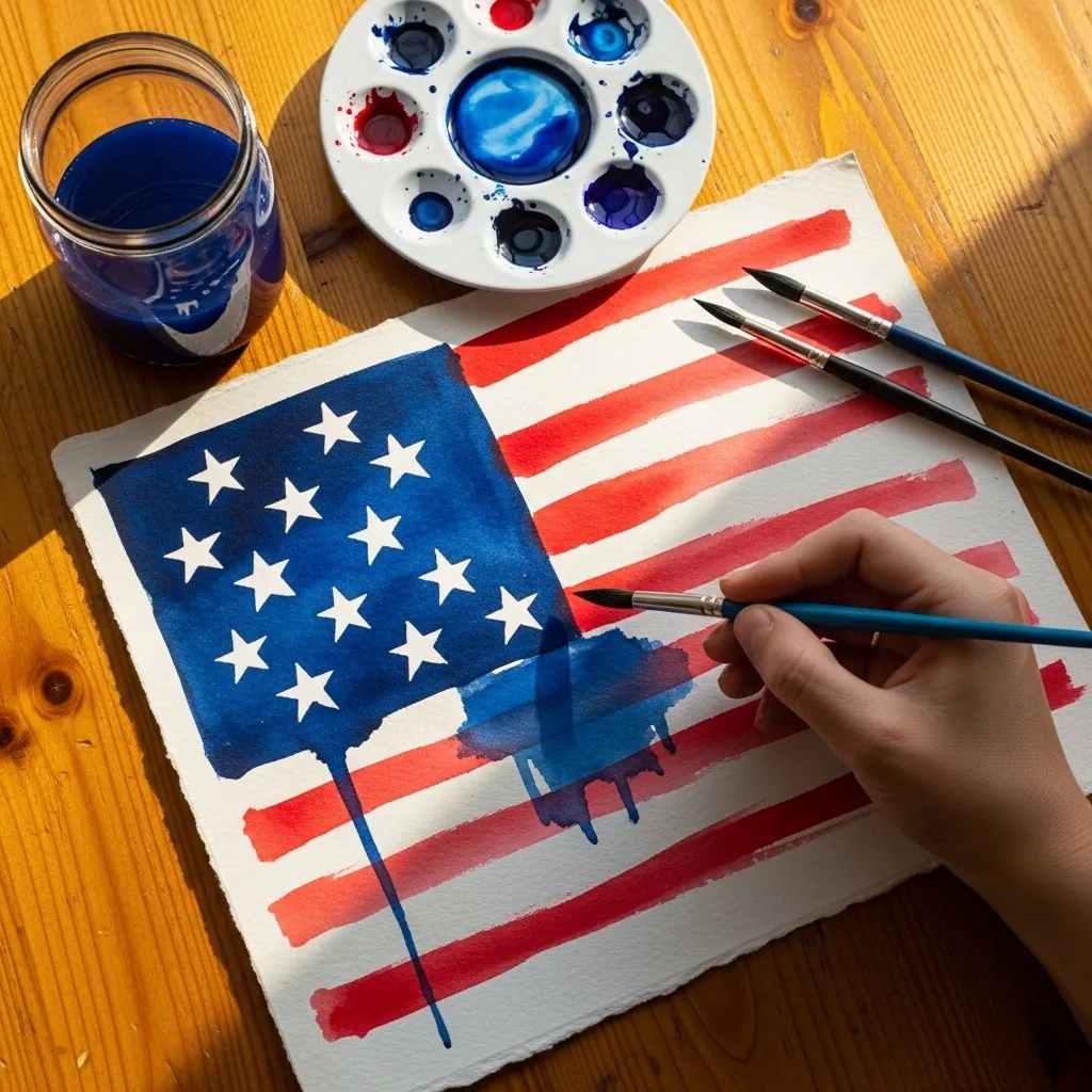 Watercolor flag with a deep blue canton and red stripes on textured paper