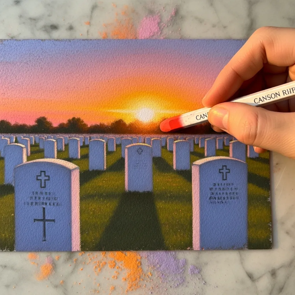 Soft pastel painting of rows of white headstones lit by an orange sunrise