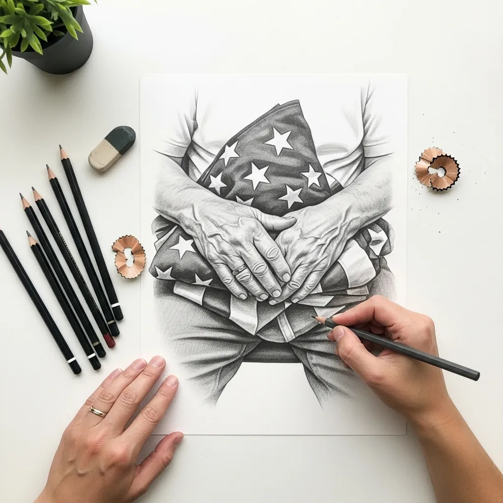 Graphite drawing of two hands carefully holding a folded triangular flag