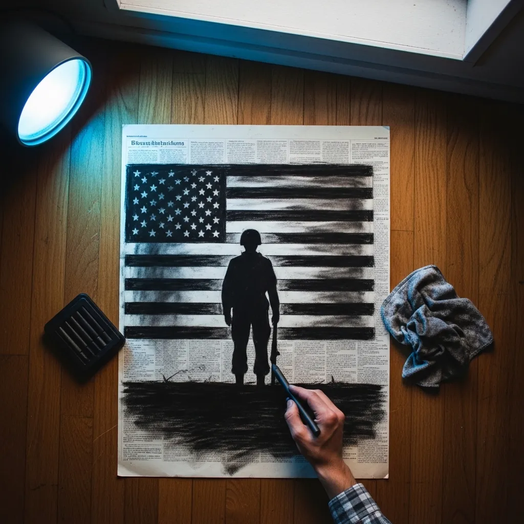 Charcoal flag and soldier silhouette drawn over a sheet of newspaper