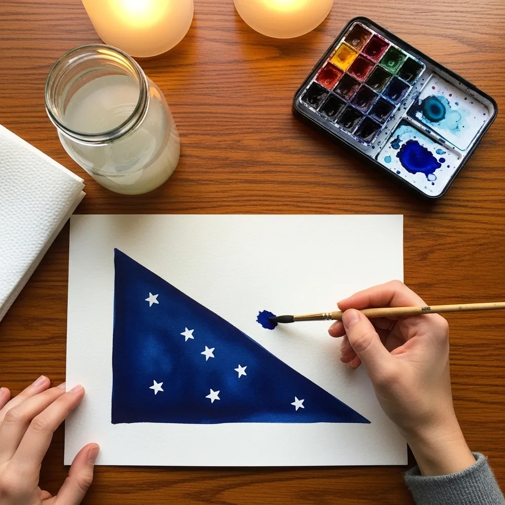 Watercolor study of a folded triangular flag showing white stars on deep blue