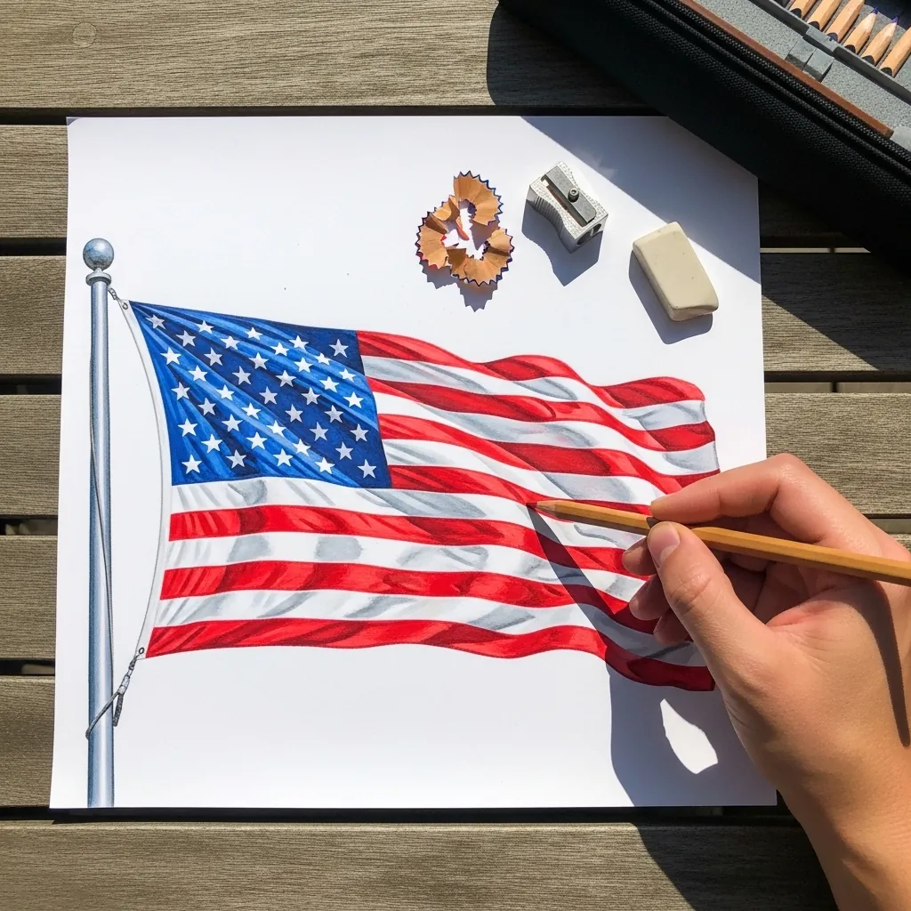 Colored pencil American flag waving on a pole against a pale sky