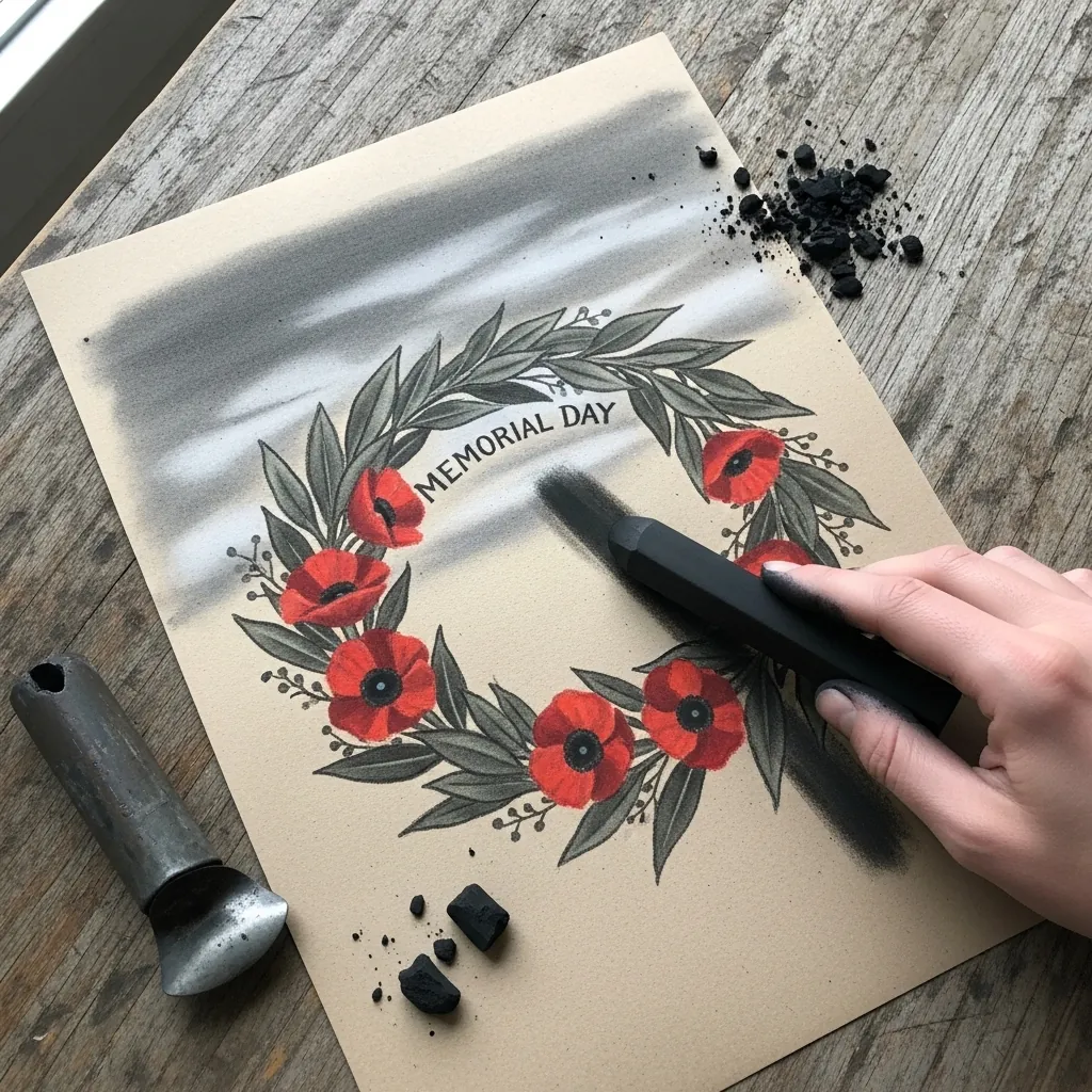 Charcoal and red poppy wreath with hand lettered Memorial Day text on kraft