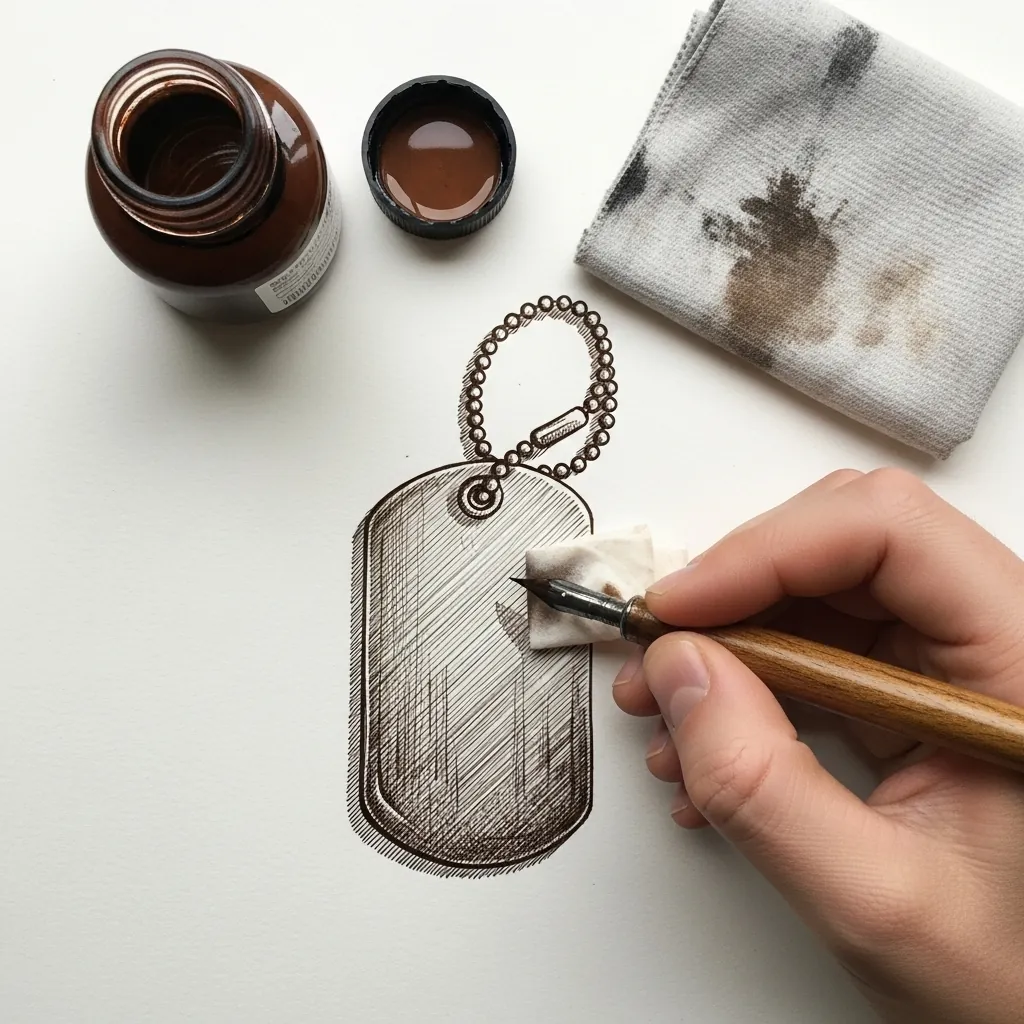 Fine ink drawing of two military identification tags on a beaded chain