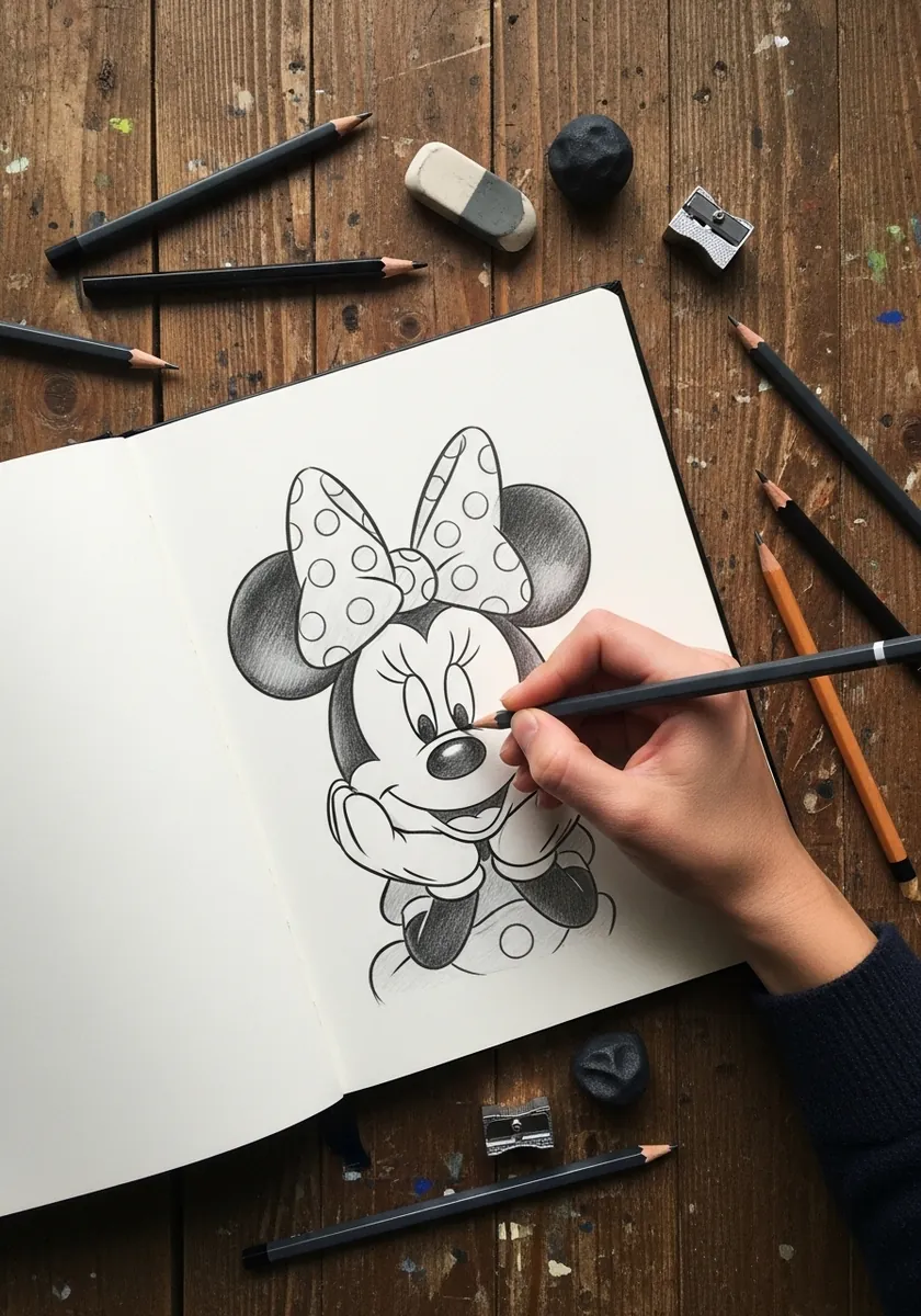 Light pencil sketch of a Minnie Mouse head with a polka dot bow in a sketchbook