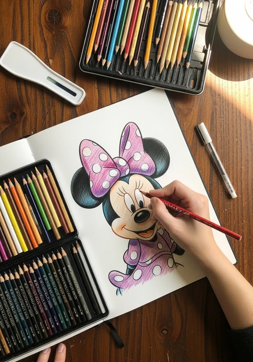 Colored pencil Minnie Mouse head with a soft pink bow and gentle shading