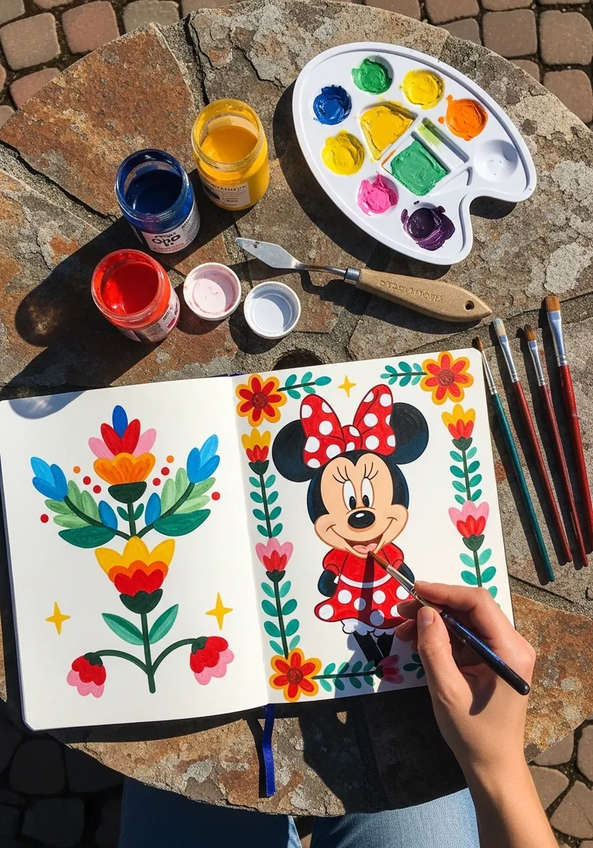 Minnie Mouse painted in a bright folk art style surrounded by symmetrical flowers
