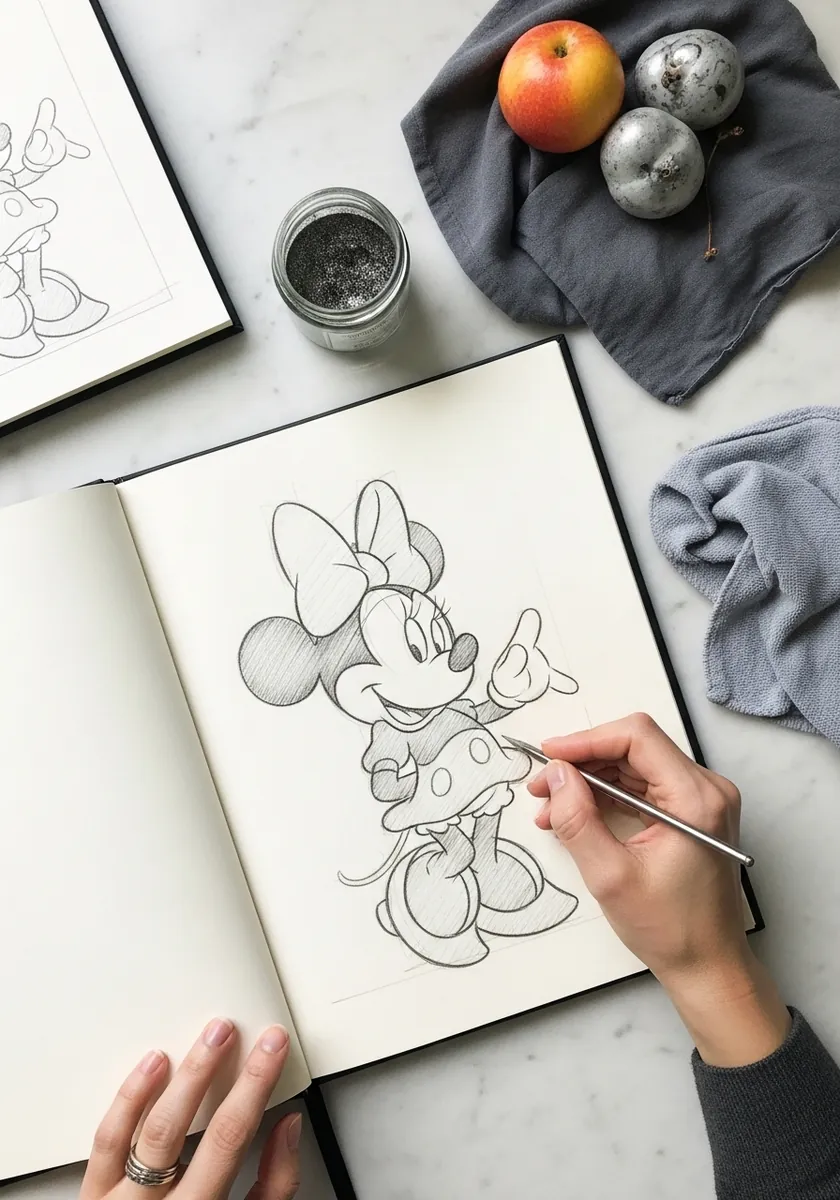 Very light pencil construction drawing of Minnie Mouse standing in a sketchbook