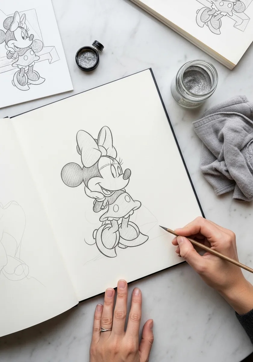 Loose pencil sketch of Minnie Mouse with visible searching lines on white paper