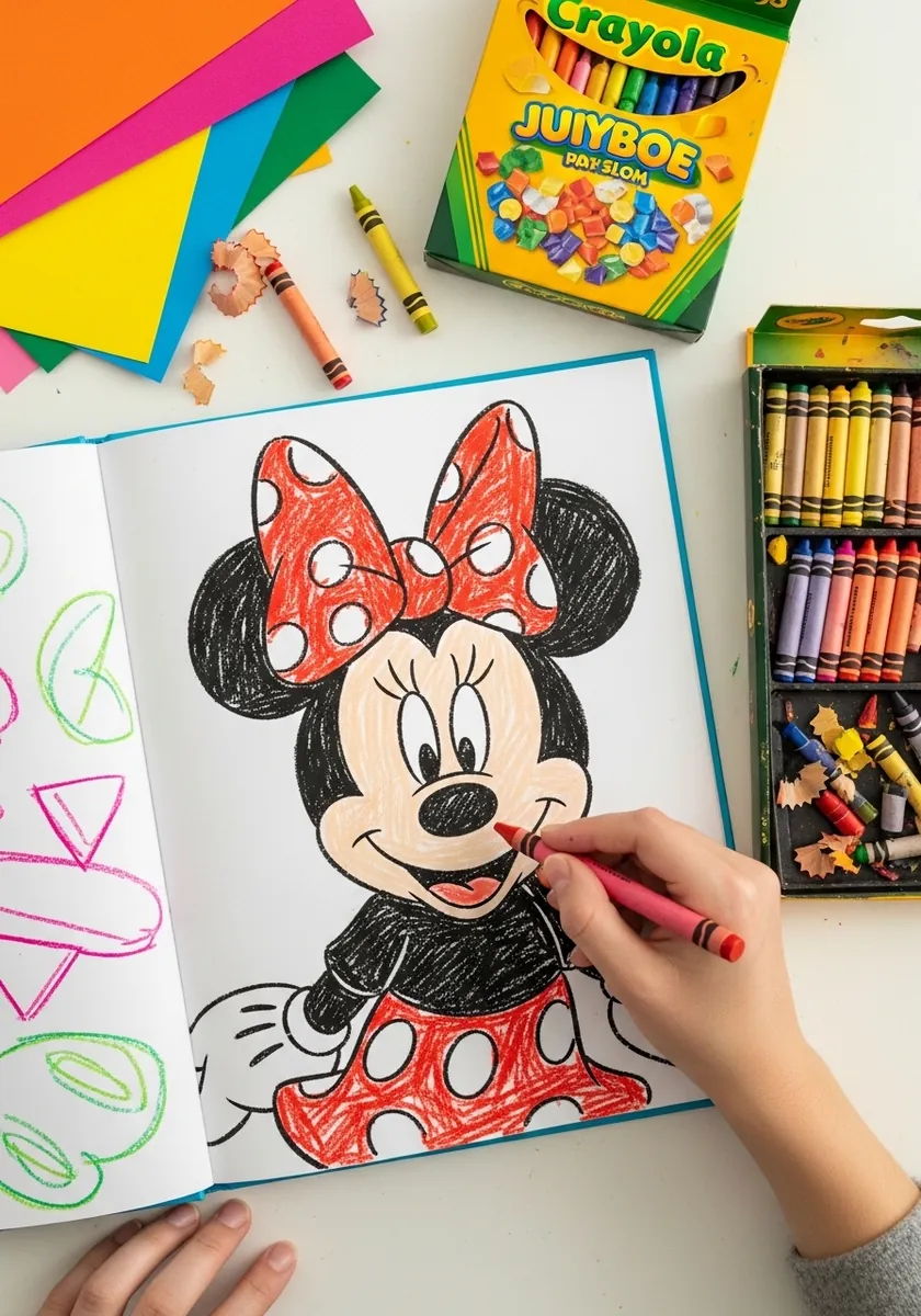 Bright crayon Minnie Mouse with a red bow drawn in a simple childlike style
