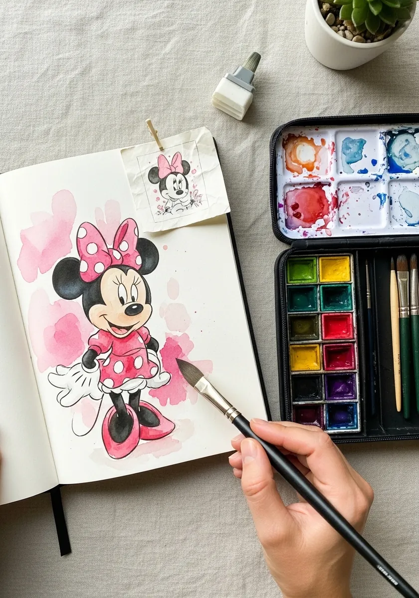 Soft watercolor Minnie Mouse figure with a pale pink wash behind her