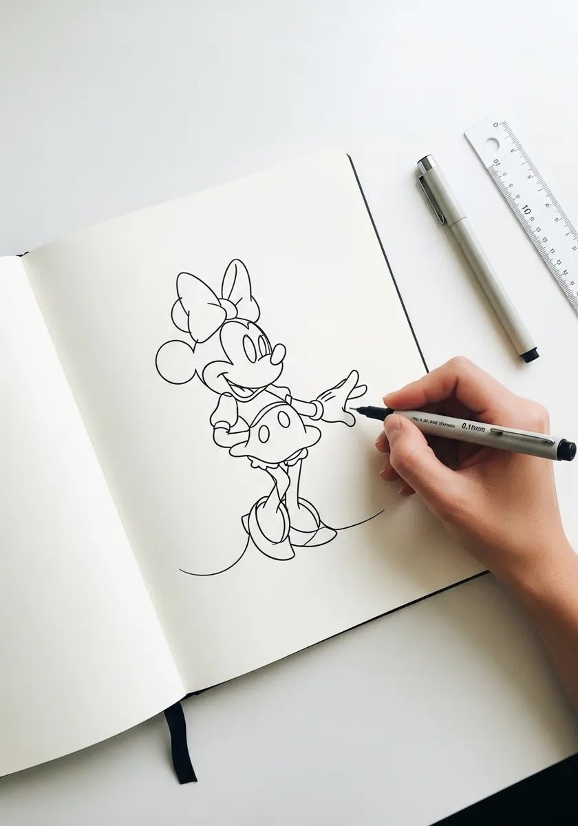 Clean single line contour drawing of Minnie Mouse in black ink on white paper